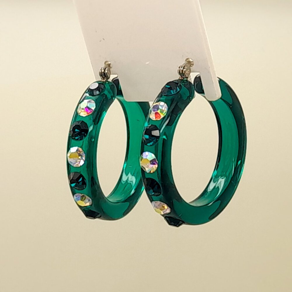 dark green Lucite Acrylic wide 1.5 inch Hoop Latch Back Fashion vintage Earrings